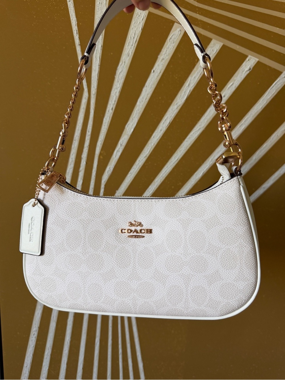 Coach Teri White Signature Leather Shoulder Bag with Gold Hardware